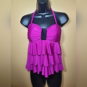 Catalina Pink and Black Ruffled Tankini Top sz M